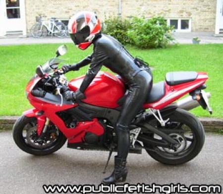 Latex Biker  Part 1 - It's what you've been waiting for--the first video from susan's latex catsuit clad motorcycle outing! Features susan in a leather biker jacket, latex catsuit on top of a shiny red motorcycle.