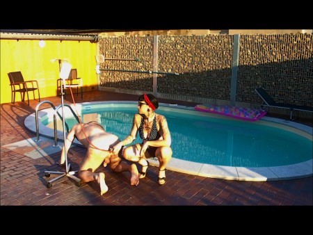 Pervy Pin Up Diaper Domination 1 - In teil 1 der perversen windel-session am pool bekommt der sklave einen einlauf und muss in hogtie bondage in die windel "machen", whrend seine herrin in schnster pin up manier im pool baden geht. / In part 1 of the perverse diaper session by the pool of slave gets an enema and must in hogtie bondage in the diaper "make", while his mistress swim up style in the pool in a beautiful pin goes